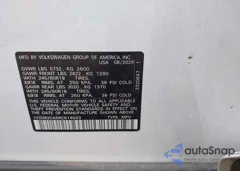 2024 Volkswagen Atlas 2.0T Se from USA, damaged, VIN 1V2DR2CA5RC614043